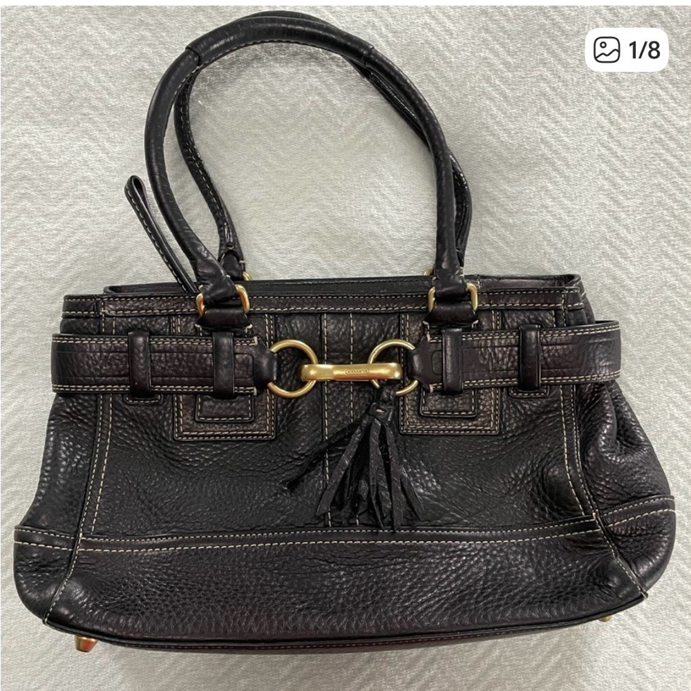 Coach Black Pebbled Leather Tassel Shoulder Bag with Gold Hardware